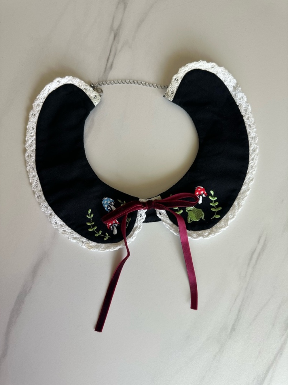 Black Embroidered Detachable Collar with Burgundy Ribbon